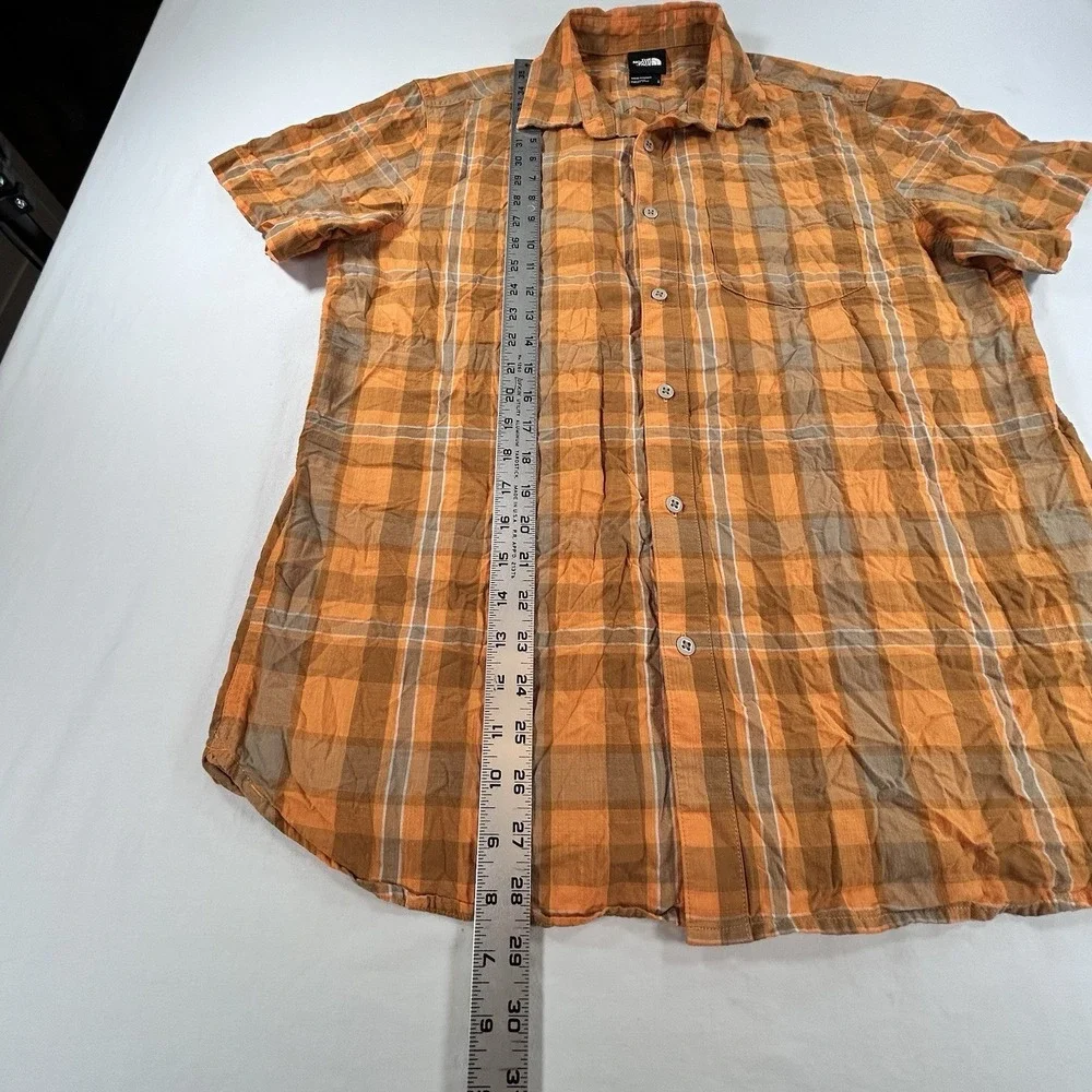 The North Face Short Sleeve Shirt Men Size Large Brown Orange Plaid Button Up